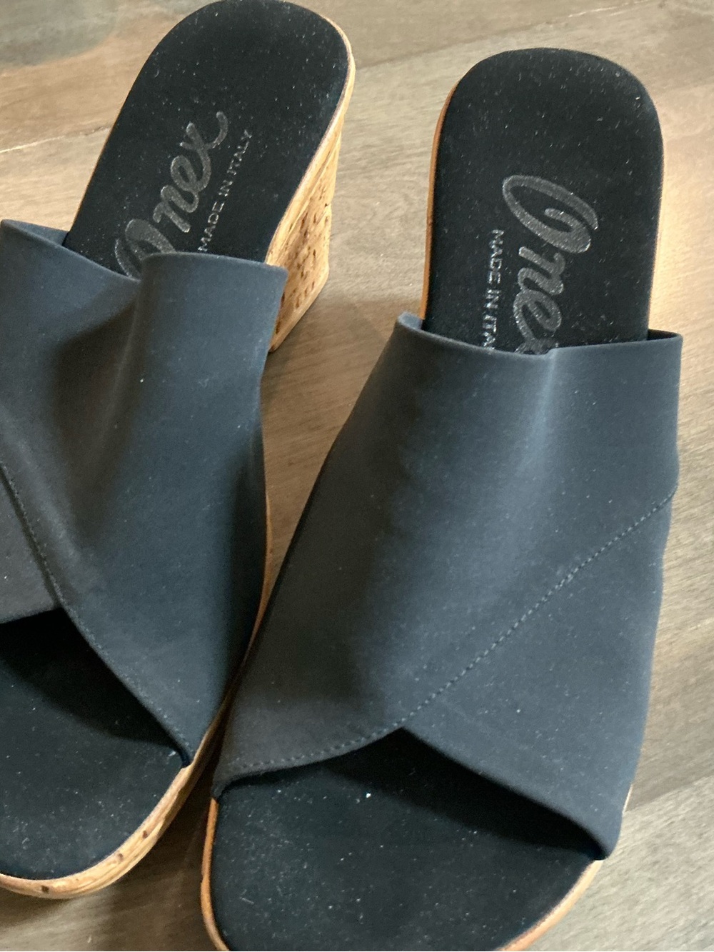 Onex Black Crisscross Cork Wedge Mules
